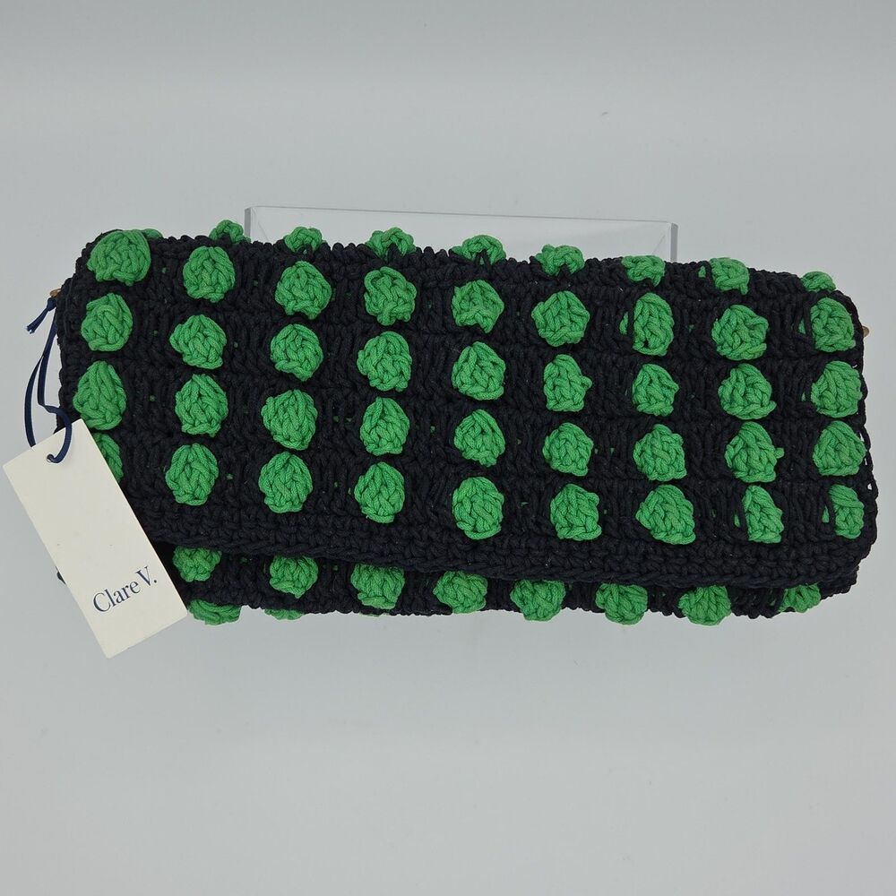 Clare V. Black Green Knit Convertible Clutch w Tabs Bag NWT Crochet Claudette